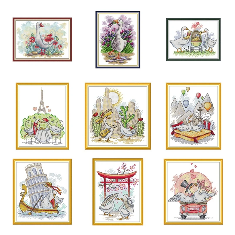 White Goose and Poppies cross stitch kit  14ct 11ct count printed canvas stitching embroidery DIY handmade needlework