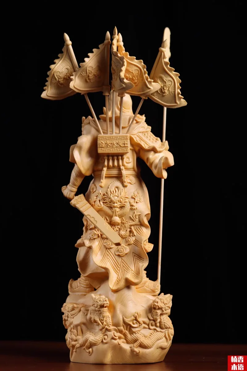 Hand Carved Wooden Guan Gong Statue Figurine w/ Five Flags - God of War Wealth Protector Ornament Home Office Shop Decor Gift - Image 4