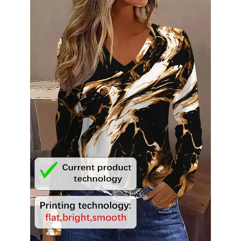 2D Printed Marble Pattern Women V Neck Long Sleeve T Shirt Breathable Full Body Print Autumn Winter Casual Elegant Fashion Vacat