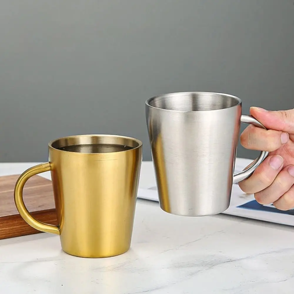 300ml Double-Layer Water Cup Home Dining Drinkware Mugs 304 Stainless Steel Beer Cup Gold Sliver Coffee Mugs With Handle