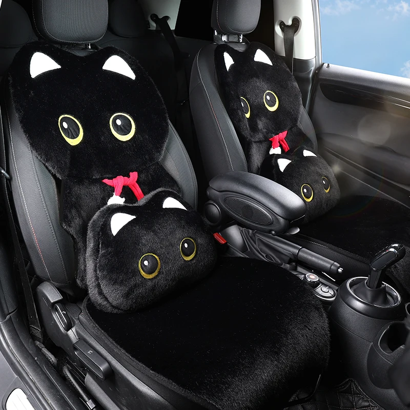 

Lucky Black Kitten Plush Car Seat Cover 3D Embroidery Warm Soft Non-Slip Bottom Universal Fit Most Vehicles Autumn/winter Gift