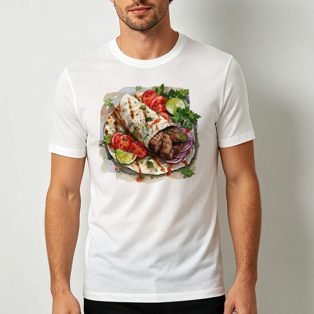 Watercolor Beef Wrap Tortilla Tomato Lime Graphic Men Summer T Shirt Mediterranean Food Gourmet Casual Short Sleeve Top