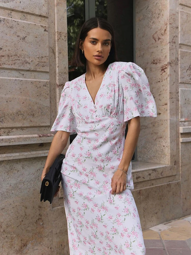 Abito lungo a maniche corte stampato da donna della nuova estate, abito casual, abbigliamento da donna, abiti floreali, abiti bianchi
