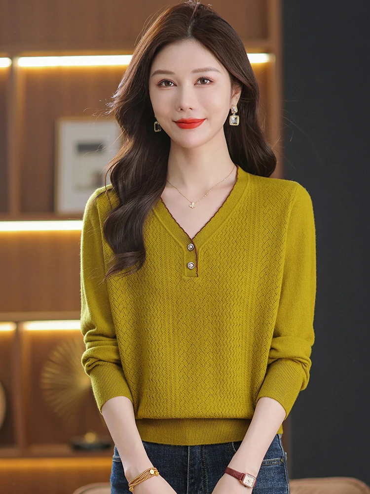 

Sli полный шерстяной вязаный свитер с v-образным вырезом на пуговицах, женский длинный свек, свободный утягивающий топ для мам среднего возраста, модный базовый топ