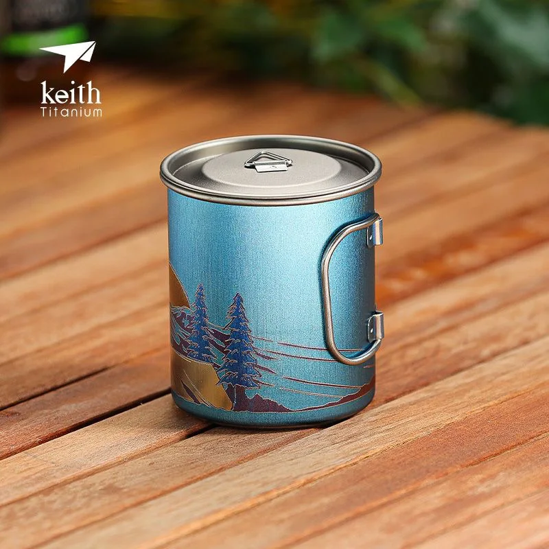 Keith New Lightweight Portable Climbing Camping Titanium Bottle Oxidation Carving Technology Pure Titanium Folding Titanium Cup