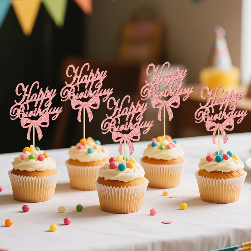 YOMDID 24 Stück Cupcake-Topper mit Schleife und Schriftzug „Happy Birthday“, Kuchenaufsätze für Hochzeit, Geburtstag, Dekorationen, Decoracion Cumpleaños – Detail 9