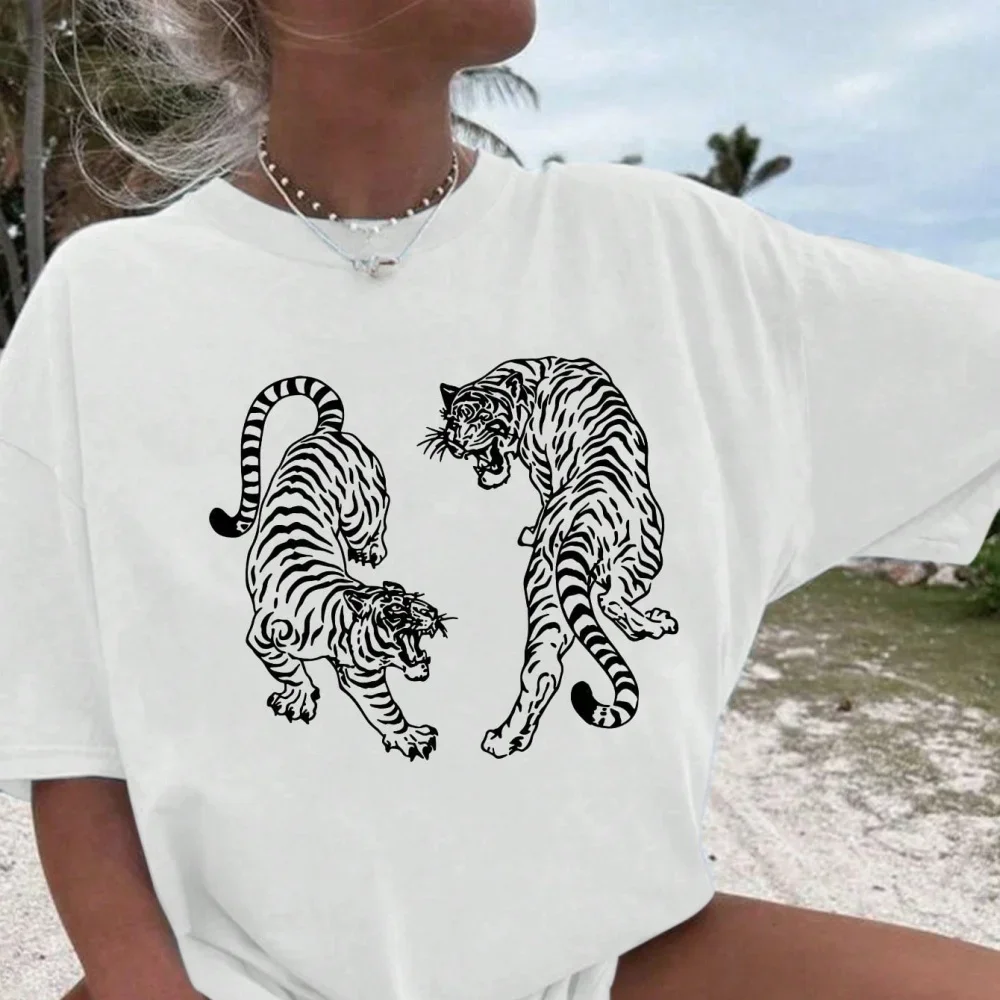 Vintage Tiger Print T-Shirt Women's Loose Fit Crew Neck Short Sleeve Casual Tiger Design Shirt Graphic Tees Women Tops Y2K Top