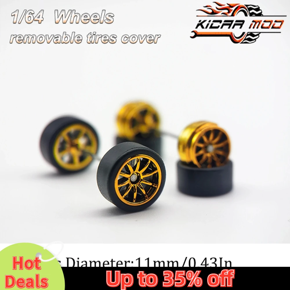 1/64 RLC Premium Wheels with Rubber Slick Tires for Hot Wheels 10 Spokes Model Car Refitting Parts D:11mm (1 Set)