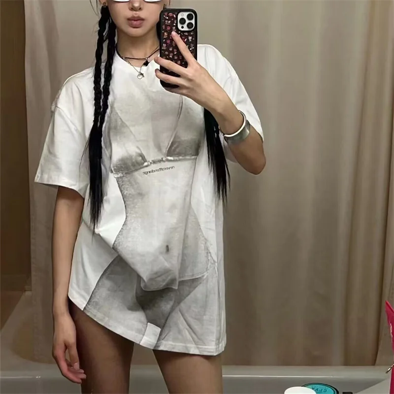 Y2k Bikini Perspective Printing Loose Short Sleeve T-shirt Women's Streetwear Loose White Top New 2023 Summer Funny Sexy T-shirt