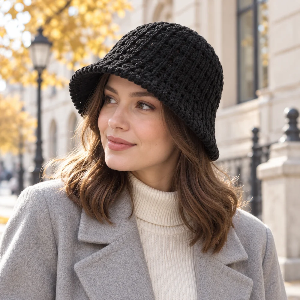 Women Knit Cloche Hat Openwork Short Brim Bucket Cap Soft Lightweight Casual Autumn Winter Outdoor Accessory