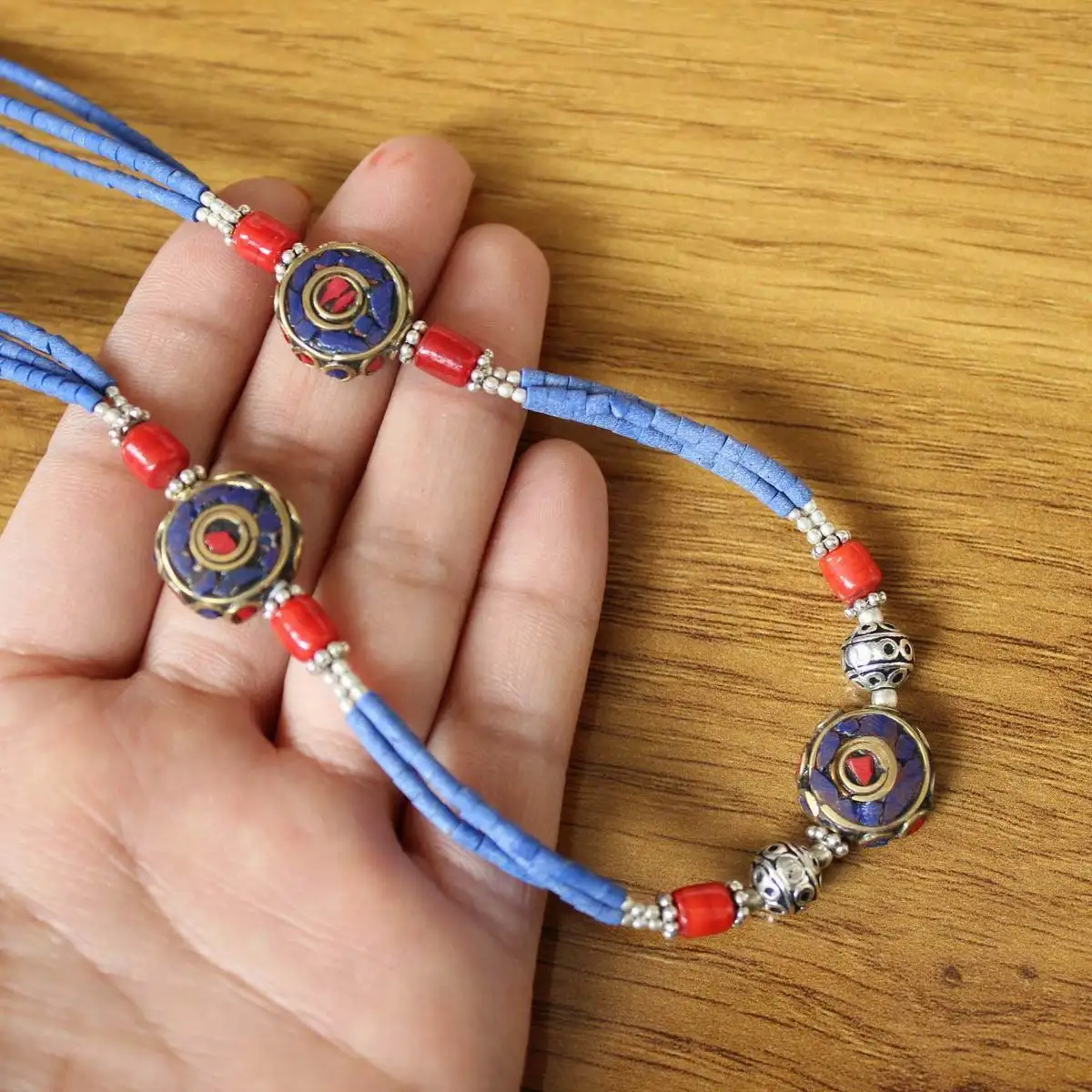 NK252  Ethnic Tibetan 3 Big Round Beads Mini Natural Lapis Stone Lady Necklace Handmade Nepal Jewelry