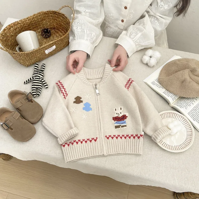 Baby Sweater Early Spring Korean Style Fashion Knitted Cardigan Spring and Autumn Girls' Cartoon Cute Sweater Versatile