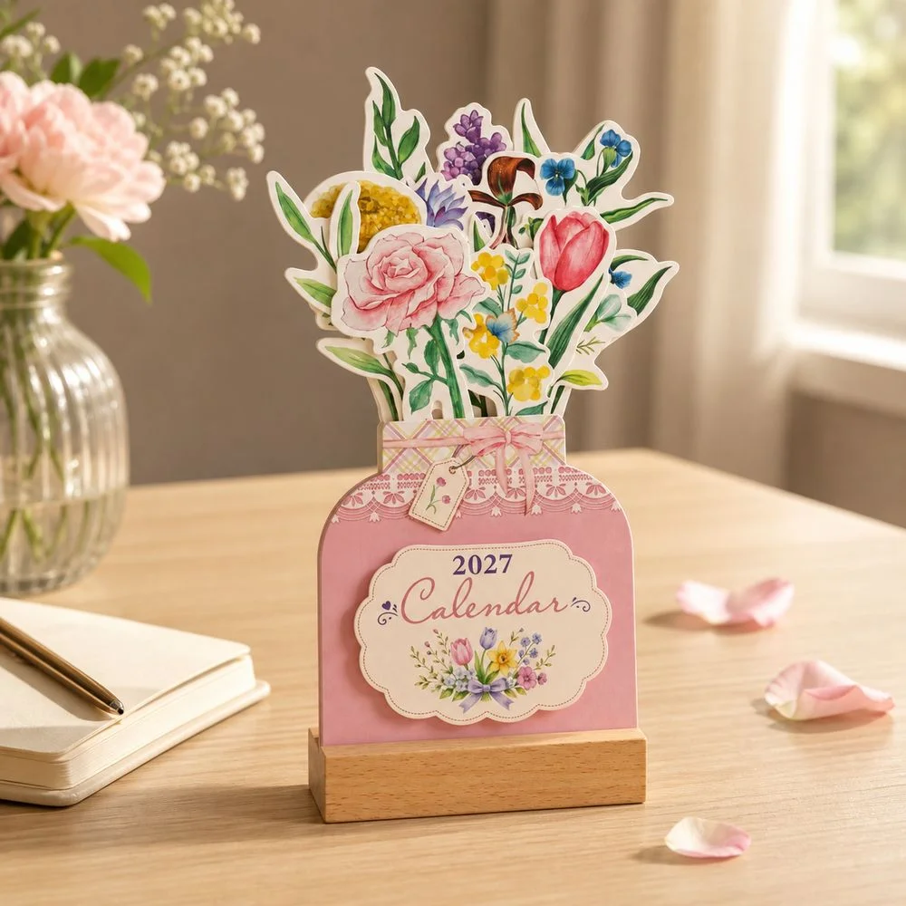 Flower Vase Shaped 2027 Floral Desktop Calendar Detachable Wooden Base Floral Pattern 2027 Desk Calendar Standing Table Calendar