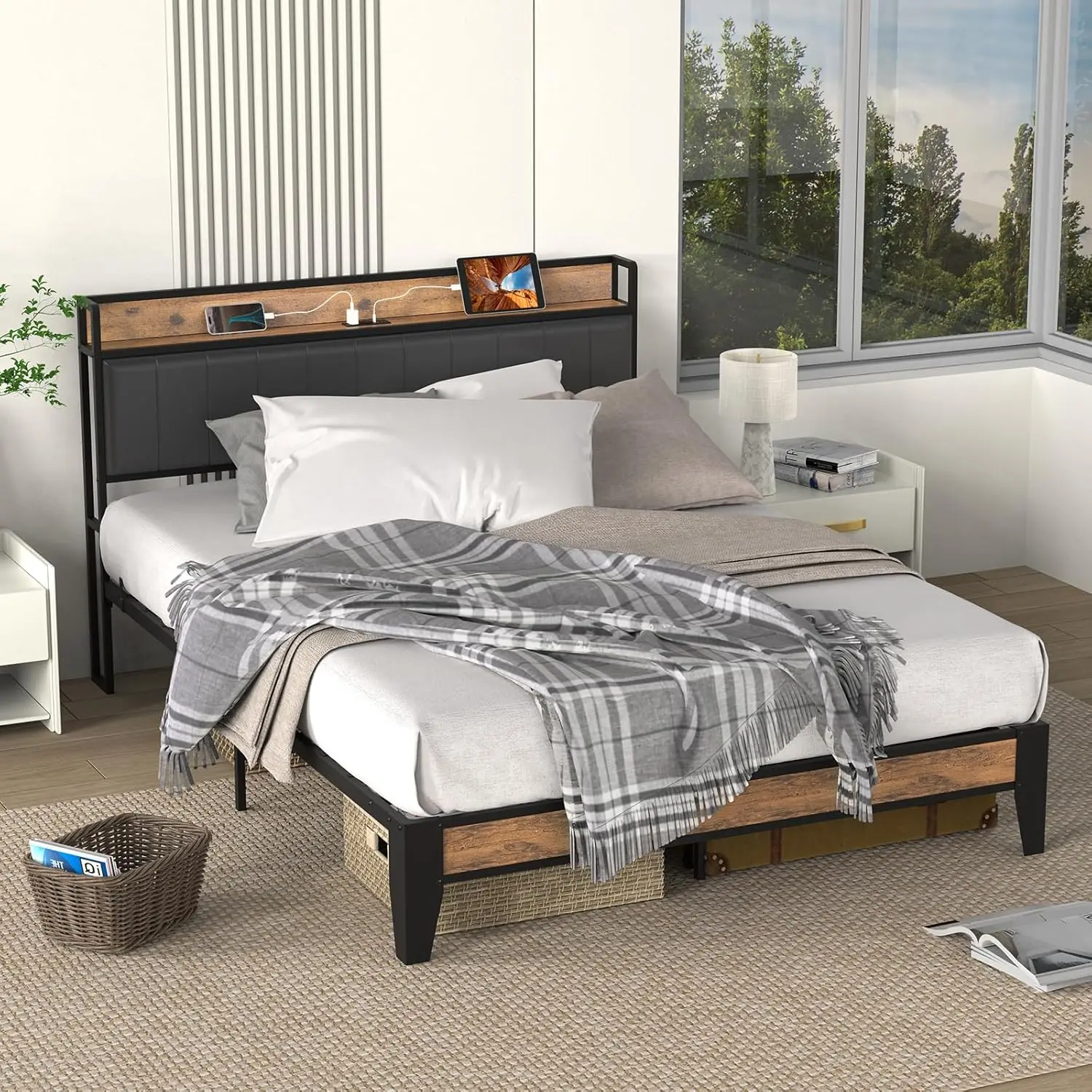 Bed Frame with Storage Headboard, Built-in Charging Station, Easy Assembly, Noise Free, Non-Slip Design, Sturdy and St