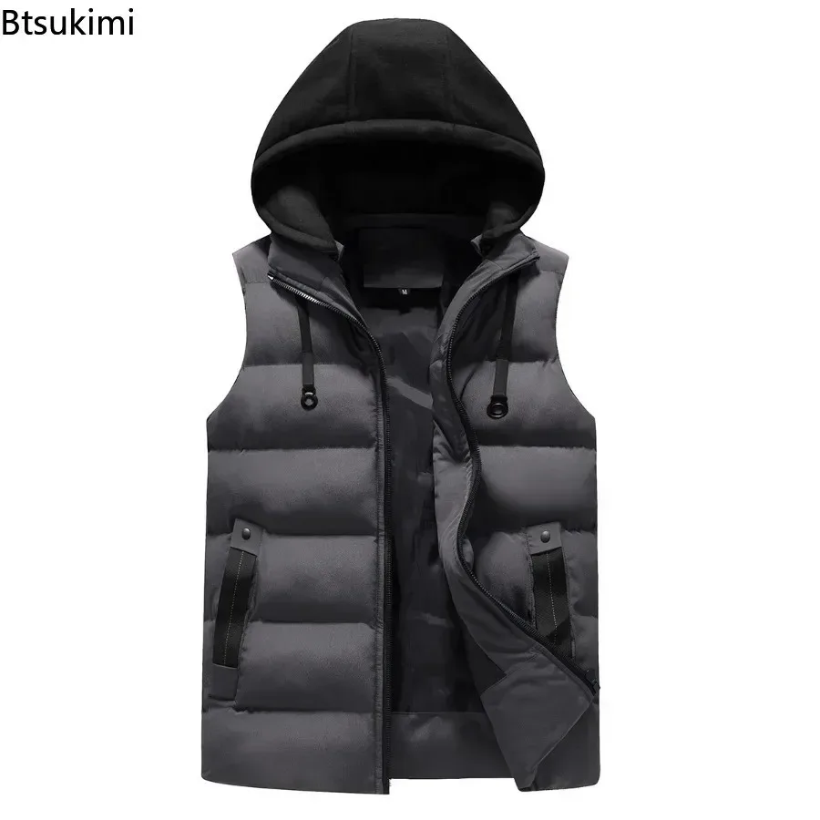 New Men's Casual Warm Hooded Vest Solid Thicken Waistcoat Autumn Winter Waterproof Warm Sleeveless Jackets Outdoor Vest for Men