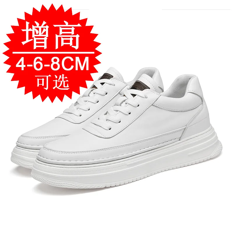 الرجال غير مرئية الارتفاع زيادة أحذية المصعد الأبيض وحيد الدانتيل متابعة الجلود رياضي ووكر 8 سنتيمتر 6 سنتيمتر الأبيض أحذية كعب مخفي