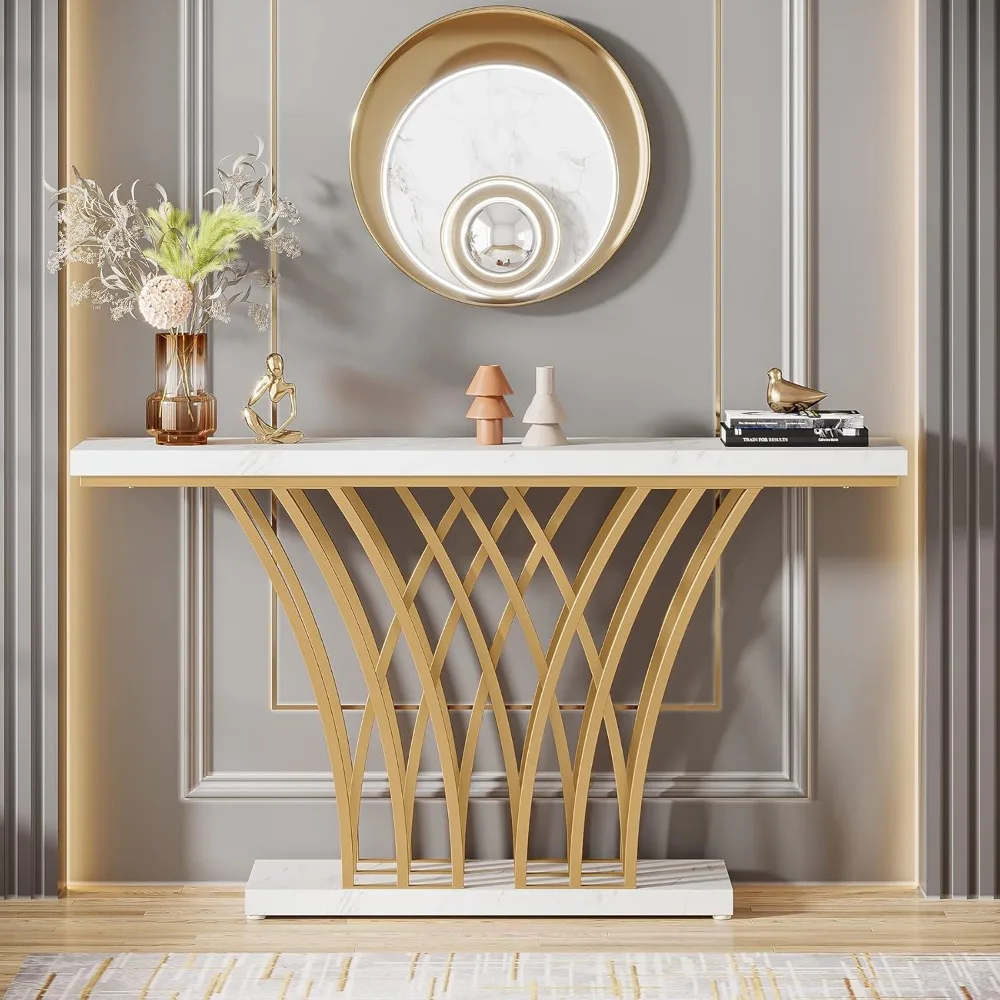 59 inch Gold Console Table, Modern Entryway Table with Grid-Shaped Metal Base for Entrance, Hallway, Entryway, Living Room