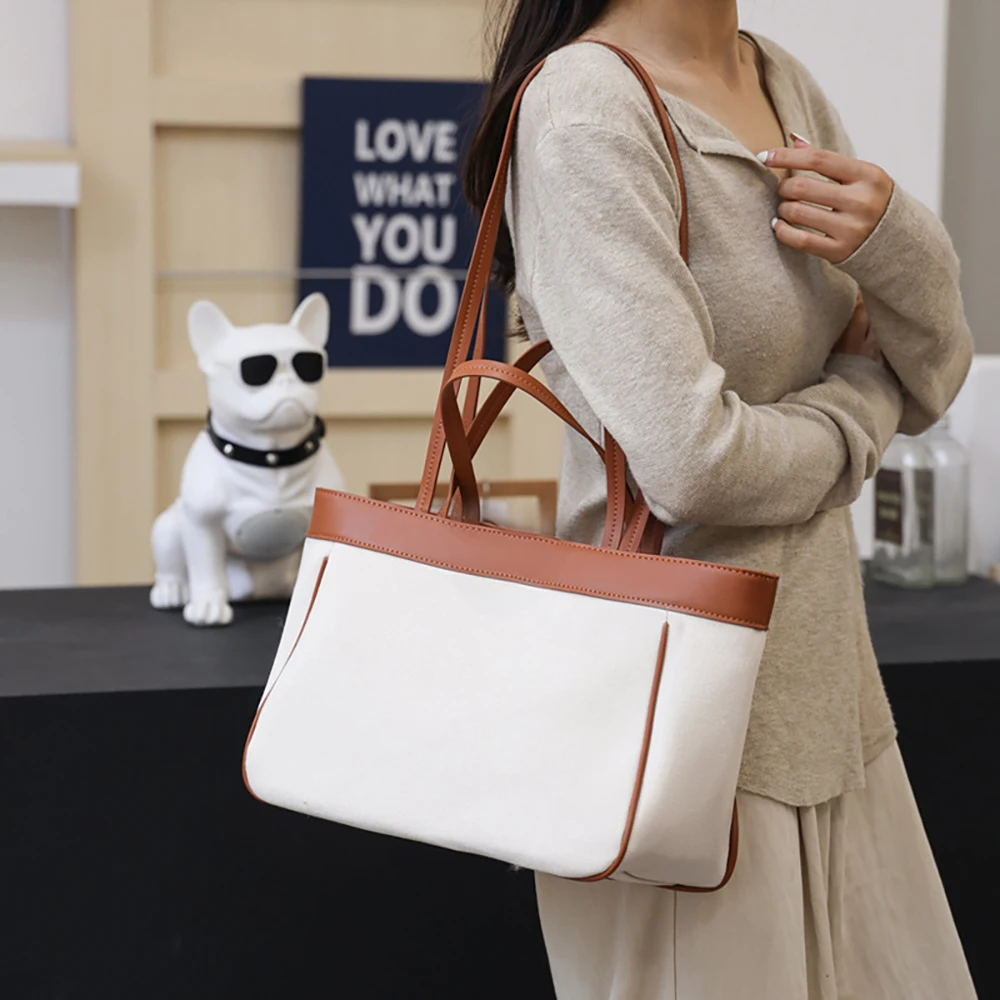 Brown And White Contrast Tote-Style Fashion Diaper Bag-Handheld Large-Capacity Baby Organizer Bag Versatile Mom Storage Bag