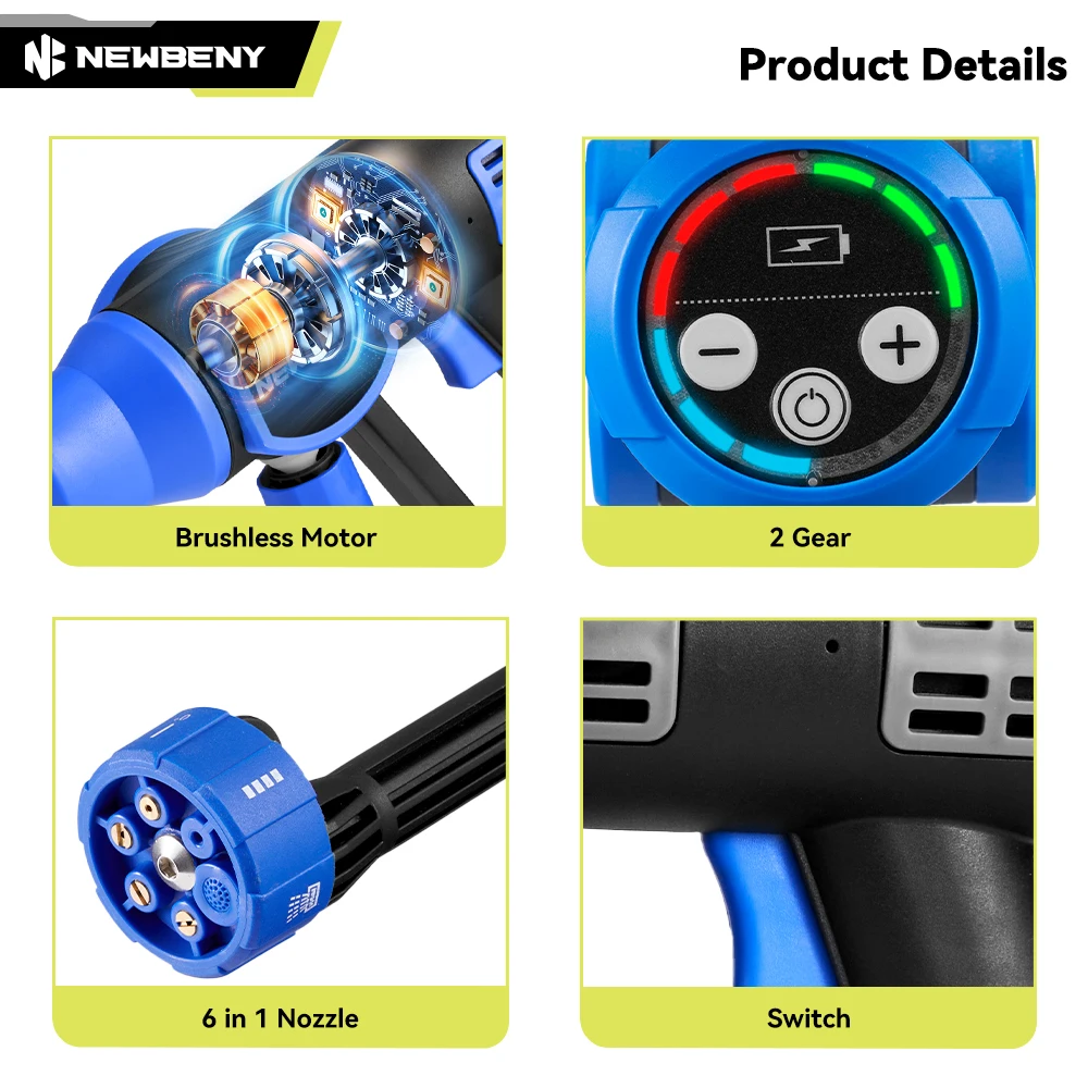 NEWBENY 200Bar 6 IN 1 Brushless Electric High Pressure Washer Cordless Car Garden Washing Power Tools For Makita 18V Battery