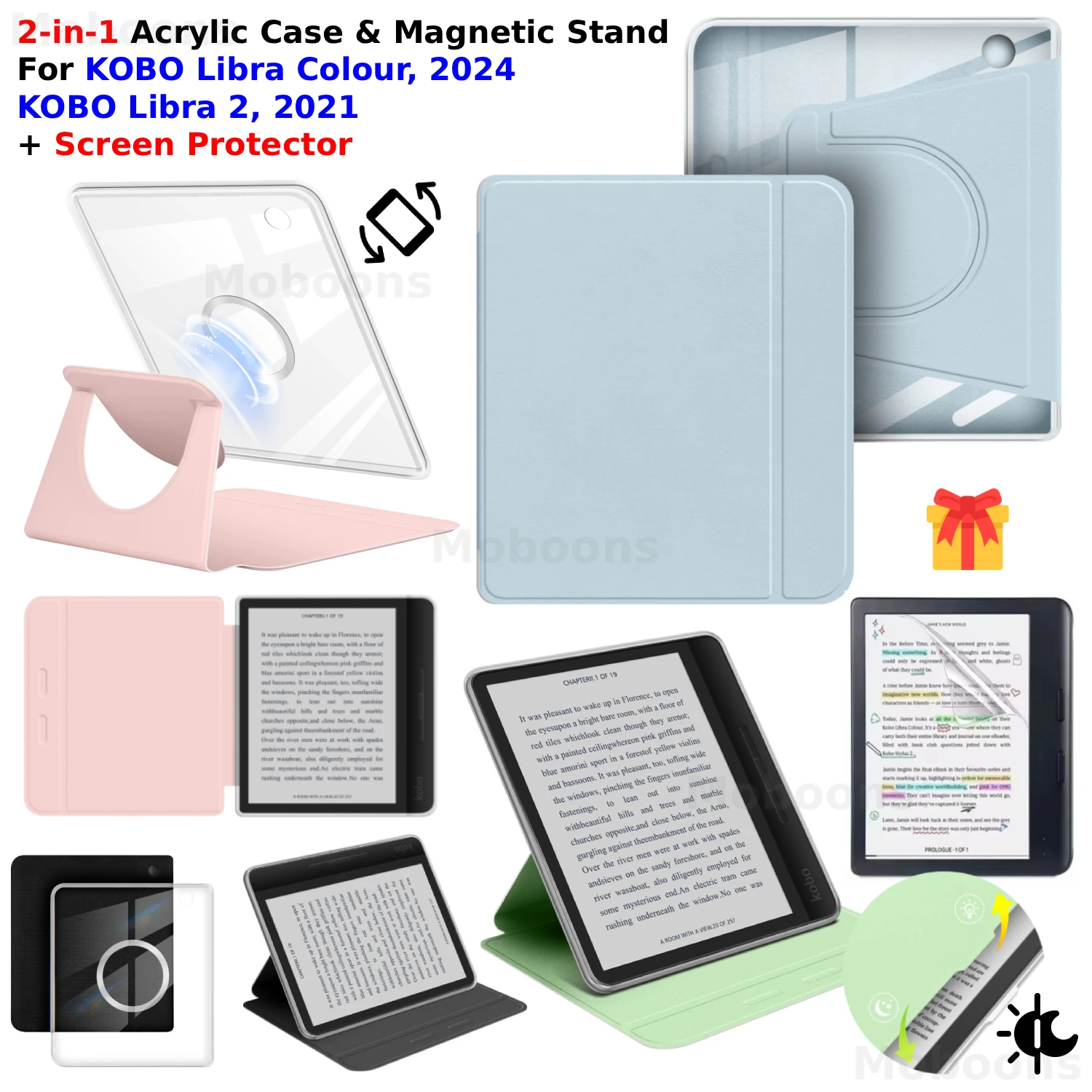 For KOBO Libra Colour/Libra 2 Case+Screen Protector 360° Rotatable 2-in-1 Magnetic Detachable Acrylic PU Leather Stand Cover