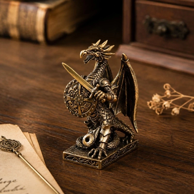 Metal Fantasy Dragon Figurine with Detailed Fighter Form, Antique-Look Finish, Cast Construction, and the Integrated Y5GB