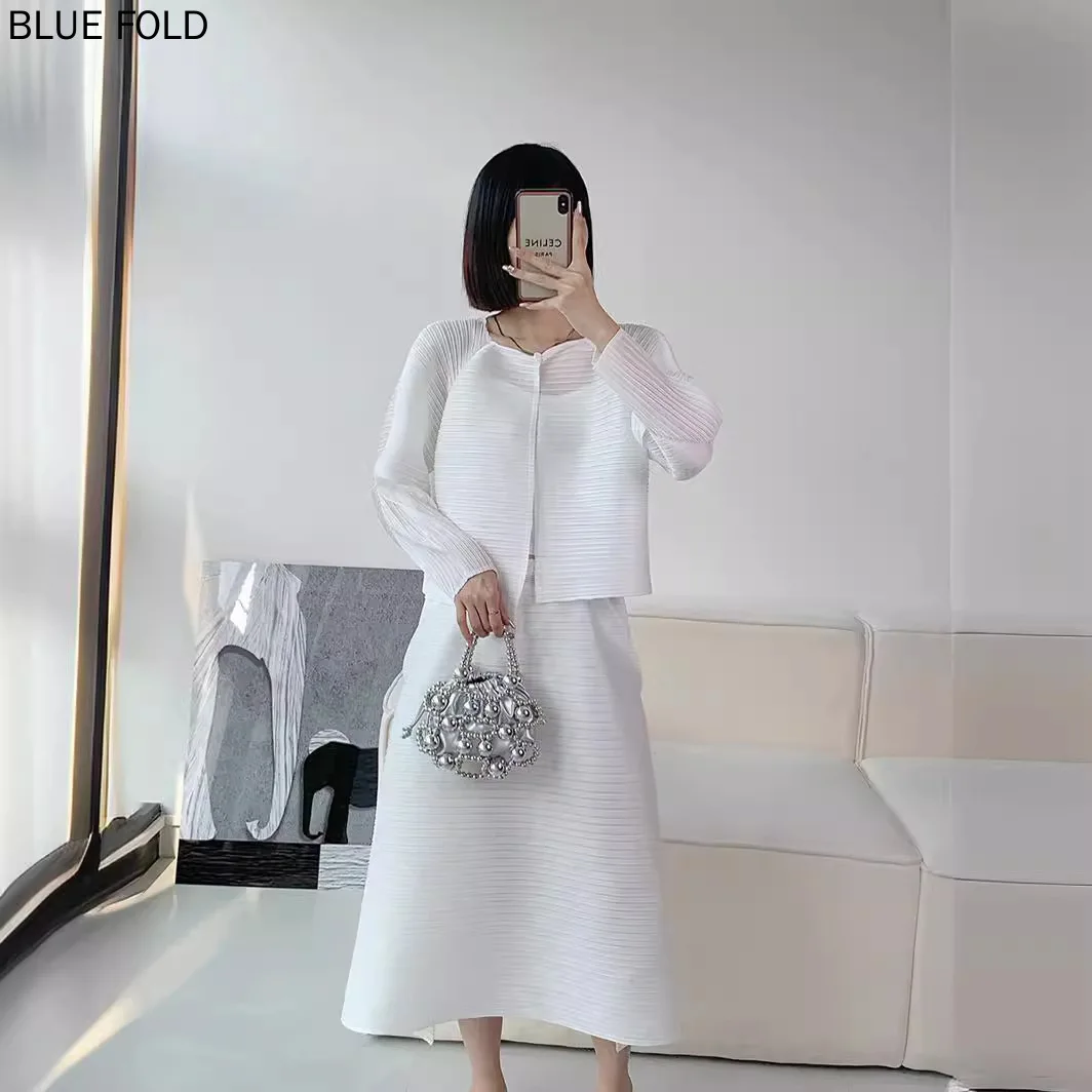 Miyake Pleated 2024 Summer New Solid Color Top and Skirt High-end Fashion Two-piece High-end Suit 2 Piece Sets Womens Outfits