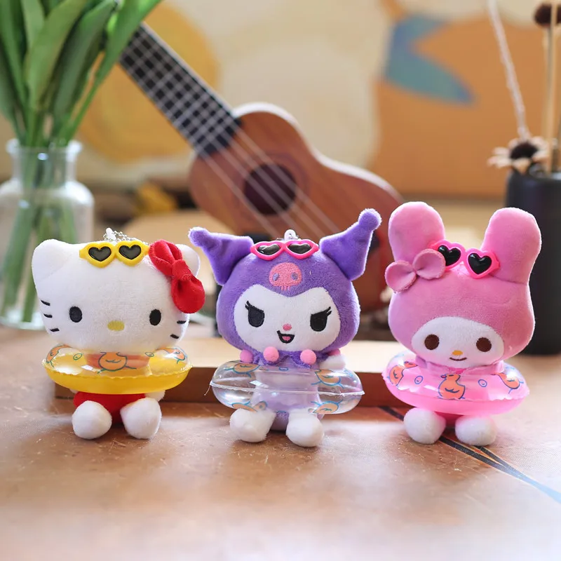 Sanrio Hello Kitty Kuromi Melody Keychain Pendant Cartoon Plush Toys Swimming Ring Stuffed Plushies Toys Dolls Bag Pendant