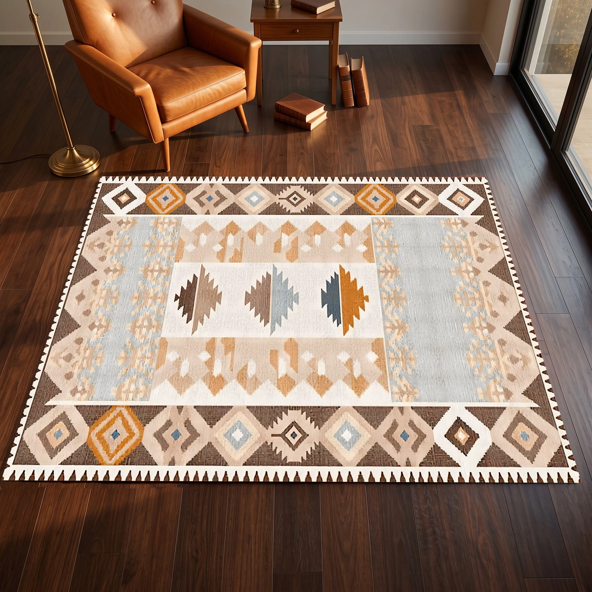 2D Large Rug with Retro Ethnic Geometric Patterns, Exotic Retro Style, Suitable for Living Room, Bedroom, and Bedside, Instantly Refreshes Autumn and Winter Decor