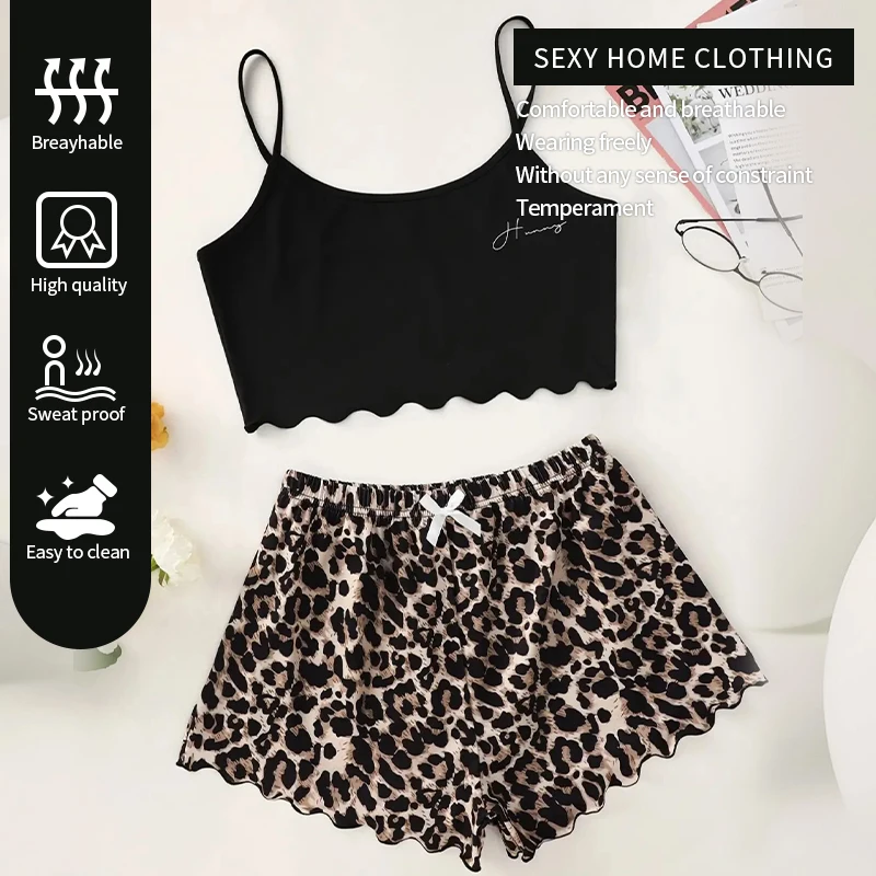 Fashionable New Letter Camisole Vest Paired with Leopard Print Bow Shorts Summer Casual Home Clothing Set