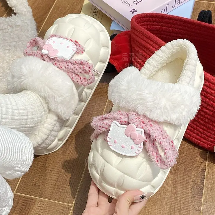 New Hello Kitty Cotton Slippers MINISO Daily At Home Non-slip Keep Warm Cotton-padded Shoes Originality Removable Home Shoes