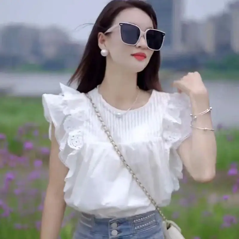 White Simple Solid Blouse Female 2024 Summer New Niche Design Lotus Leaf Lace Double-layer Flying Sleeve All-match Women Shirt