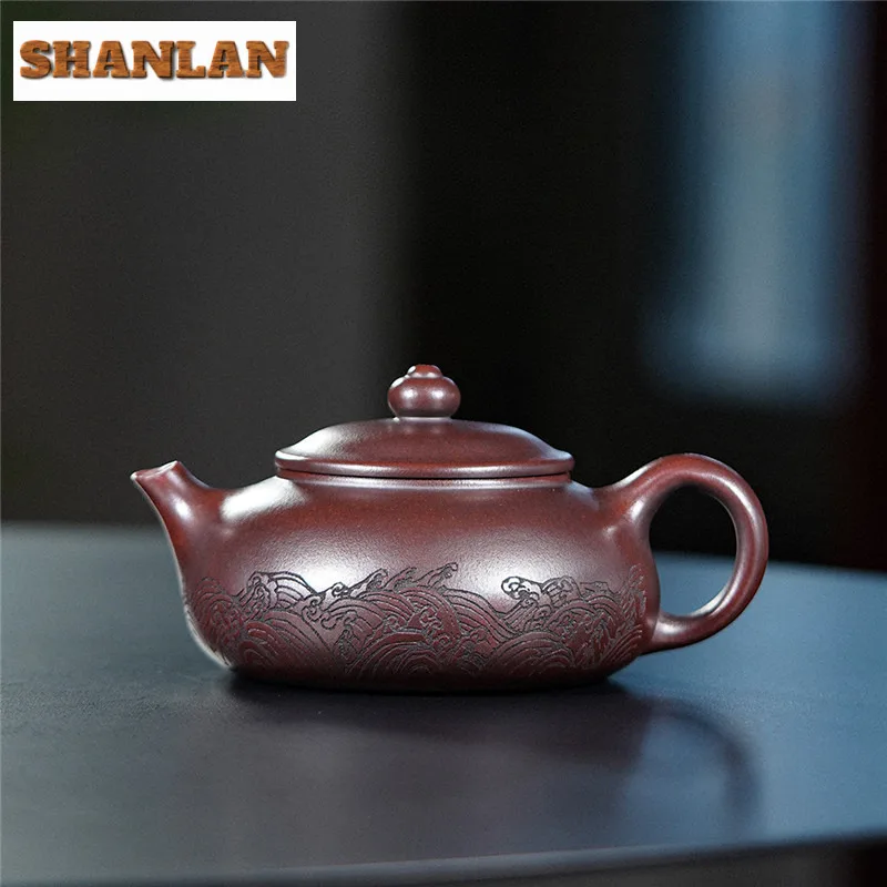 250ml Classic Yixing Purple Clay Teapots Artists Handmade Carved Pot Raw Ore Iron Red Mud Kettle With Infuser Zisha Tea Set Gift