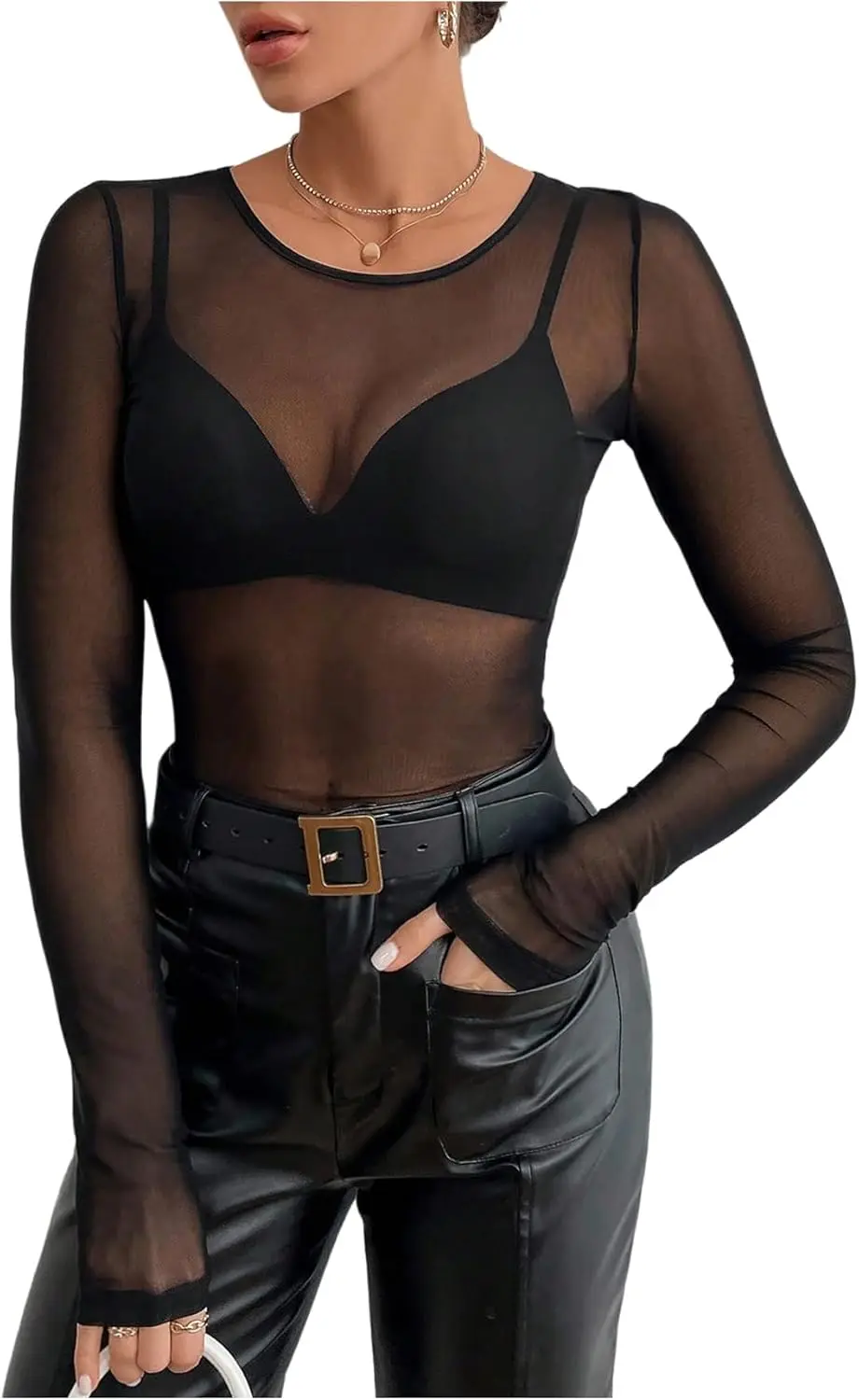 

Женский сетчатый топ с длинными рукавами, сексуальный, прозрачный, с круглым вырезом, облегающий, с вырезами