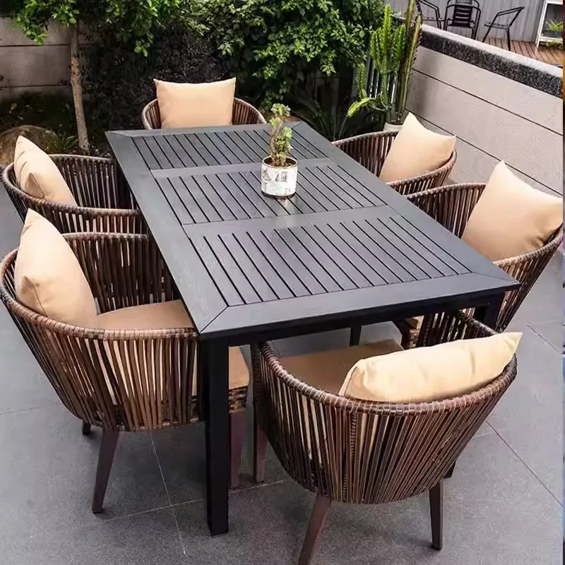 

Outdoor table and chair villa courtyard garden table and chair leisure terrace rattan chair plastic wood table combination outdo
