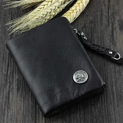 Vintage Genuine Leather Men's Wallet Foldable Buttons Purse Retro Biker Wallet Women Male Rock Punk Goth Handbags Card Bag