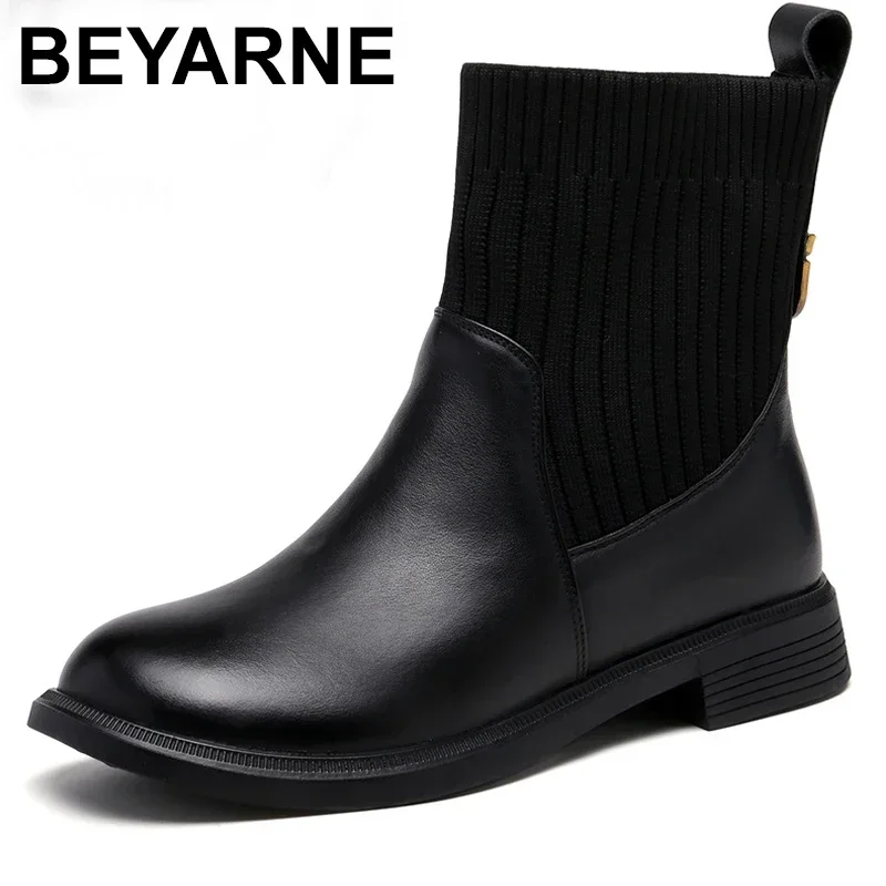 

2024 Ankle Boots Women Cow Leather Patchwork Stretch Fabric Round Toe Slip-on Shoes Female Sock Boots Handmade