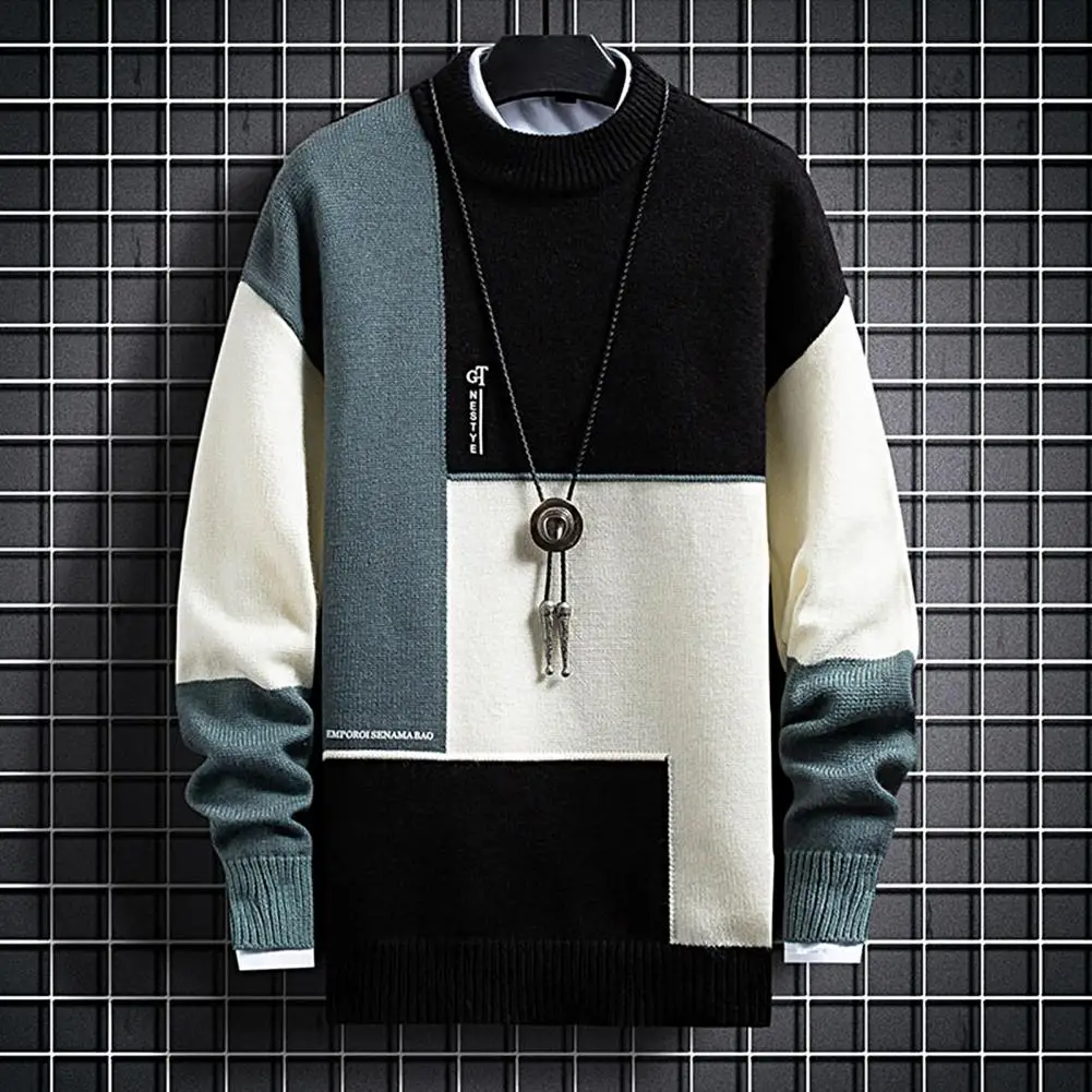 Stylish Spring Sweater Contrast Color Thermal Anti-pilling Color Block Streetwear Men Sweater