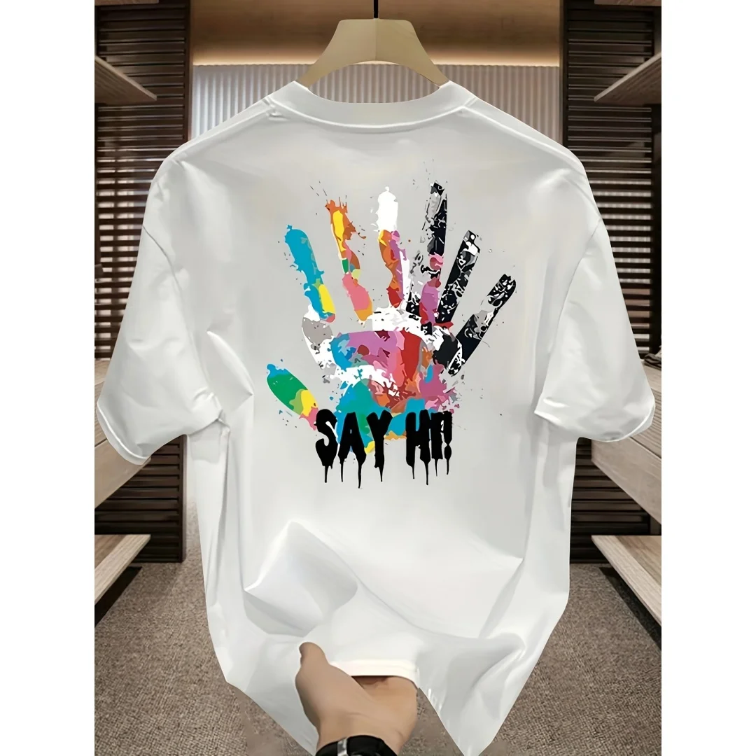 

Мужская нишевая футболка с коротким рукавом в стиле граффити с эффектом брызг чернил, контрастными цветами и принтом ладони, повседневный спортивный стиль