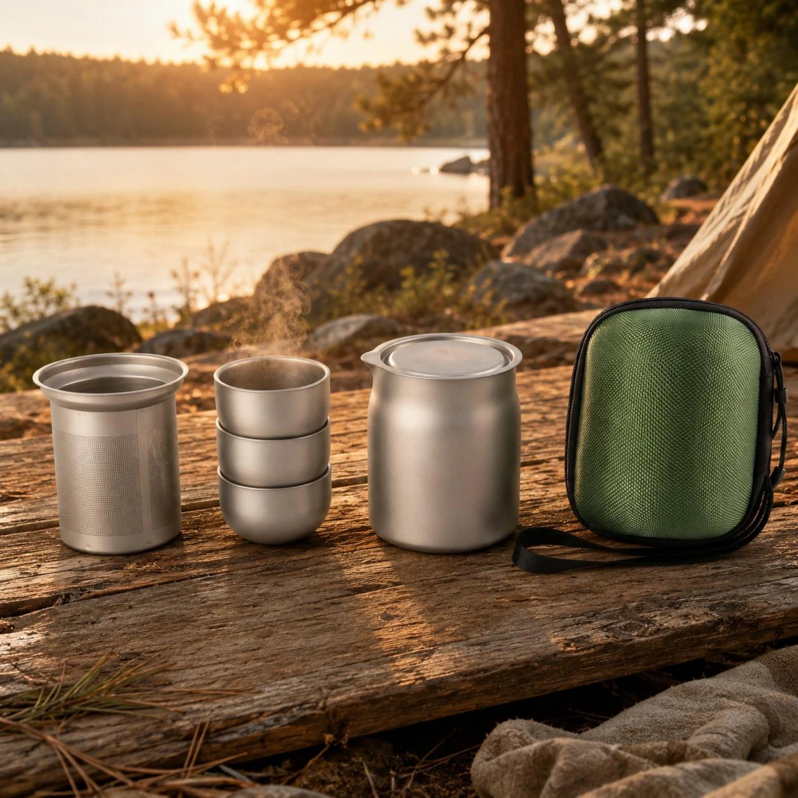 Portable Tea Set Zippered Storage Bag Stainless Steel Tea Set Tableware Carrying Strap Filter Screen for Outdoor