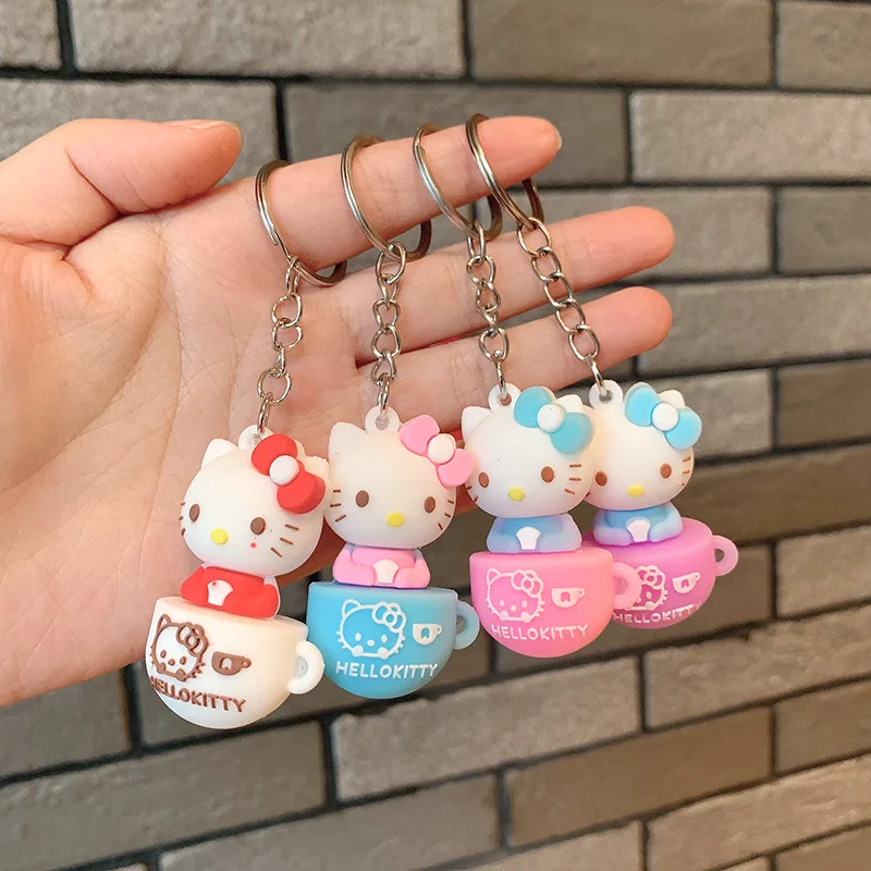

Брелок для ключей Hello Kitty с кофейной чашкой и котом, милый мультяшный маленький брелок Hello Kitty, автомобильный брелок для ключей, украшение для сумки, очаровательный брелок для ключей, подарки