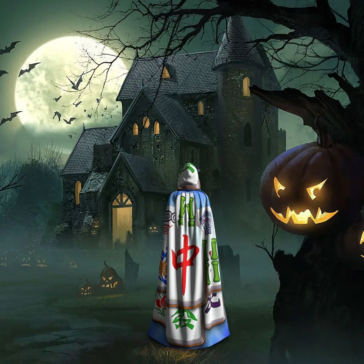 Mahjong Piastrella Modello Mantello lungo con cappuccio Strega Costume medievale Mantello cosplay Cappotto di Halloween Adulto unisex