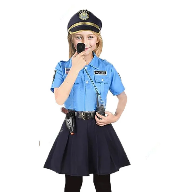 Halloween Kids Police Officer Uniform Costumes Cosplay Girl's Blue Police Dresses Costume for Christmas Party