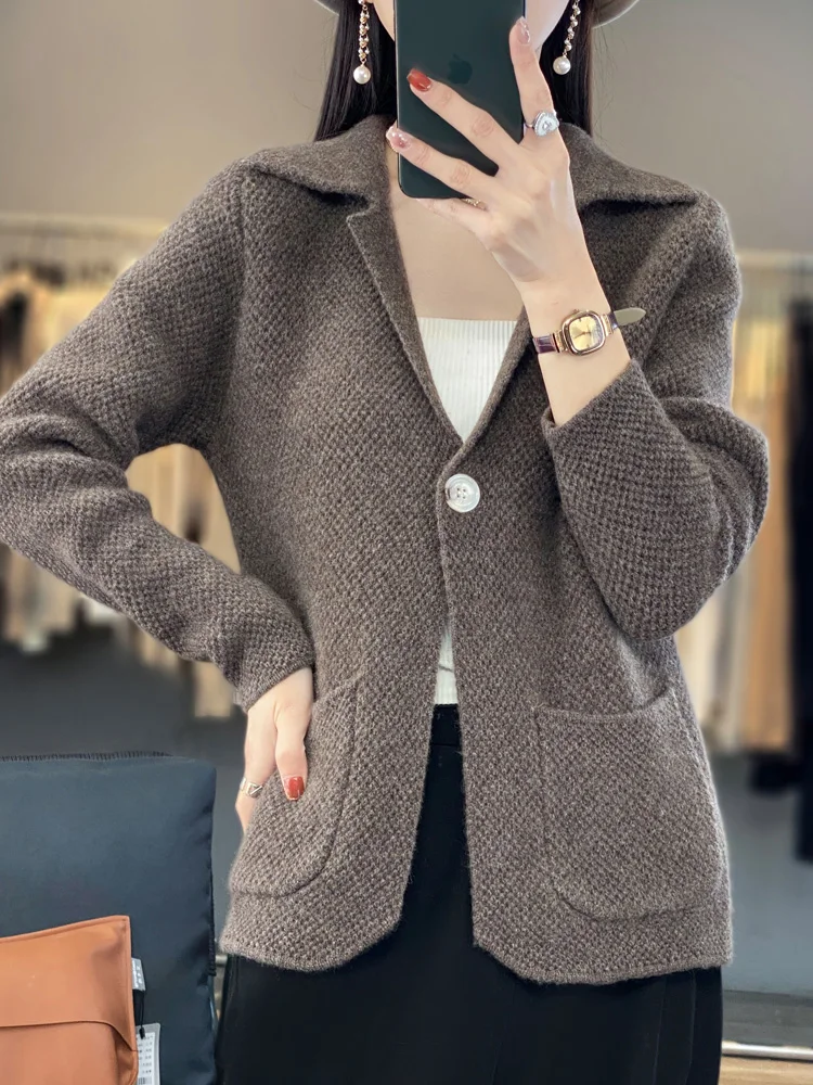 100% Pure Wool Women\'s Cardigan Single Button Leisure Suit Style Knitwear Fashion All-Match Women\'s Coat Women\'s Sweater