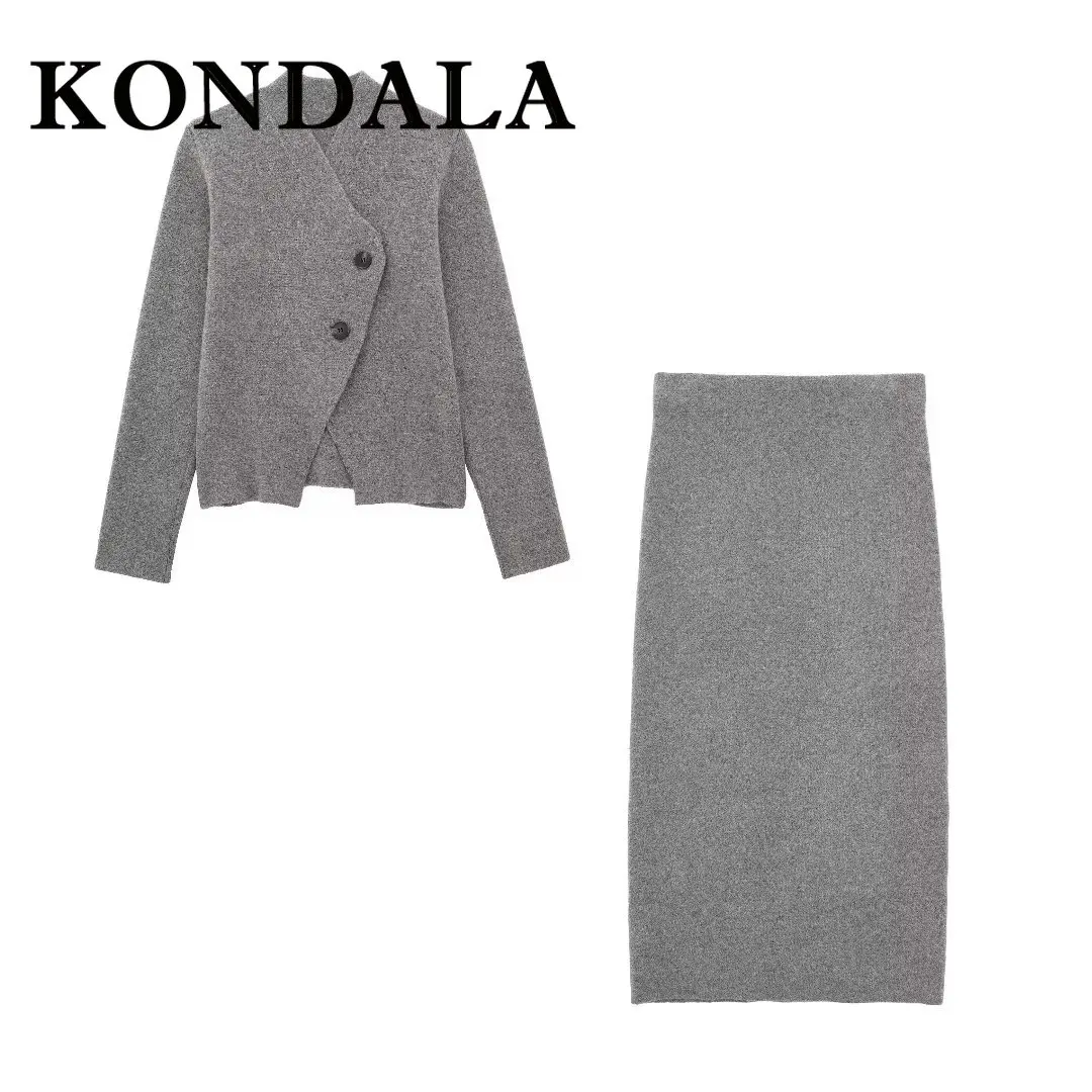 KONDALA 2025 Autumn Women Vintage Solid Suits Buttons Double-Breasted Cardigans+Sheath Long Vent Skirt Women Casual Fashion Sets