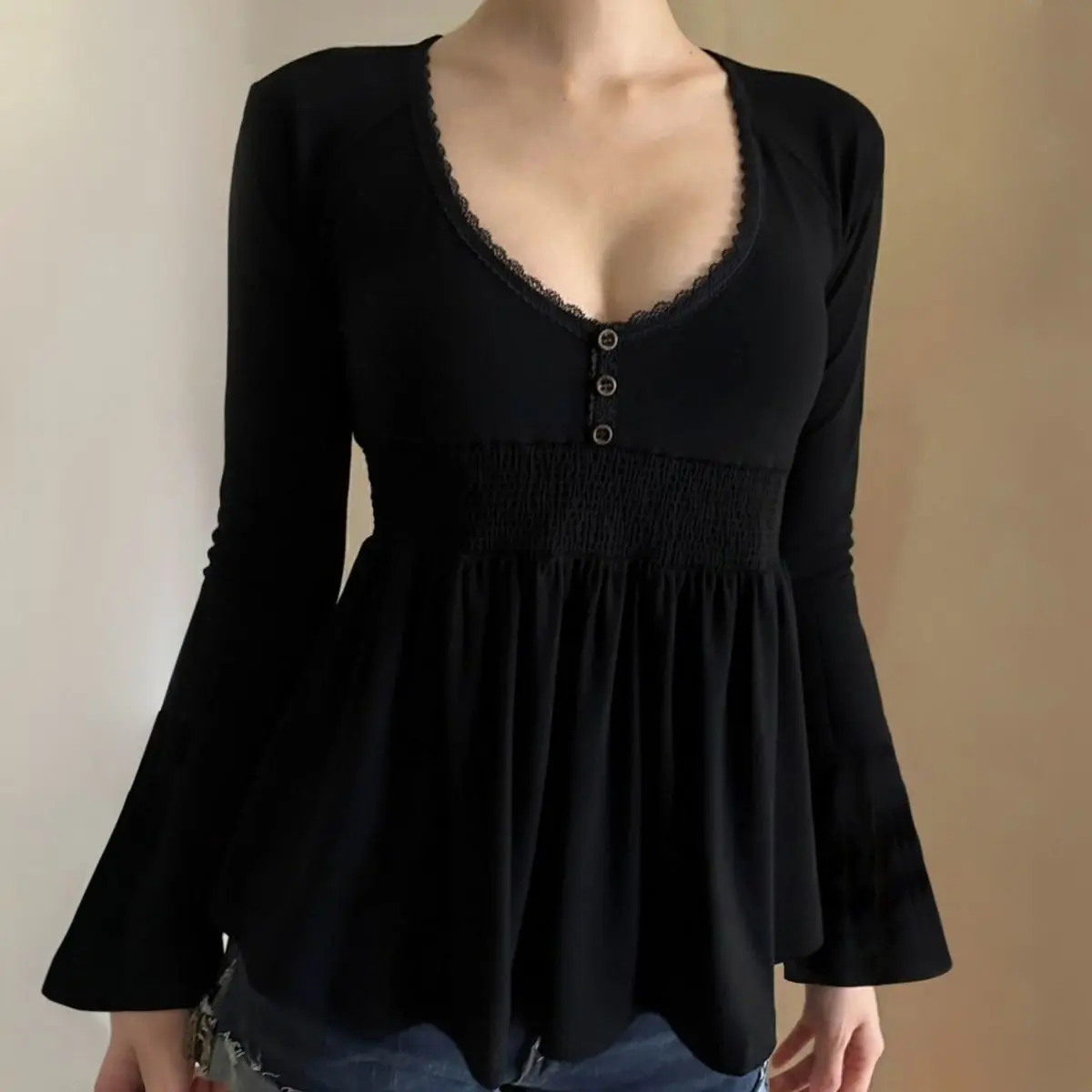Women's French Retro Deep V Blouse - Vintage Lace Trim Ruched Waist Bell Sleeves Peplum Top, Sweet Sexy Wear for Spring Autumn
