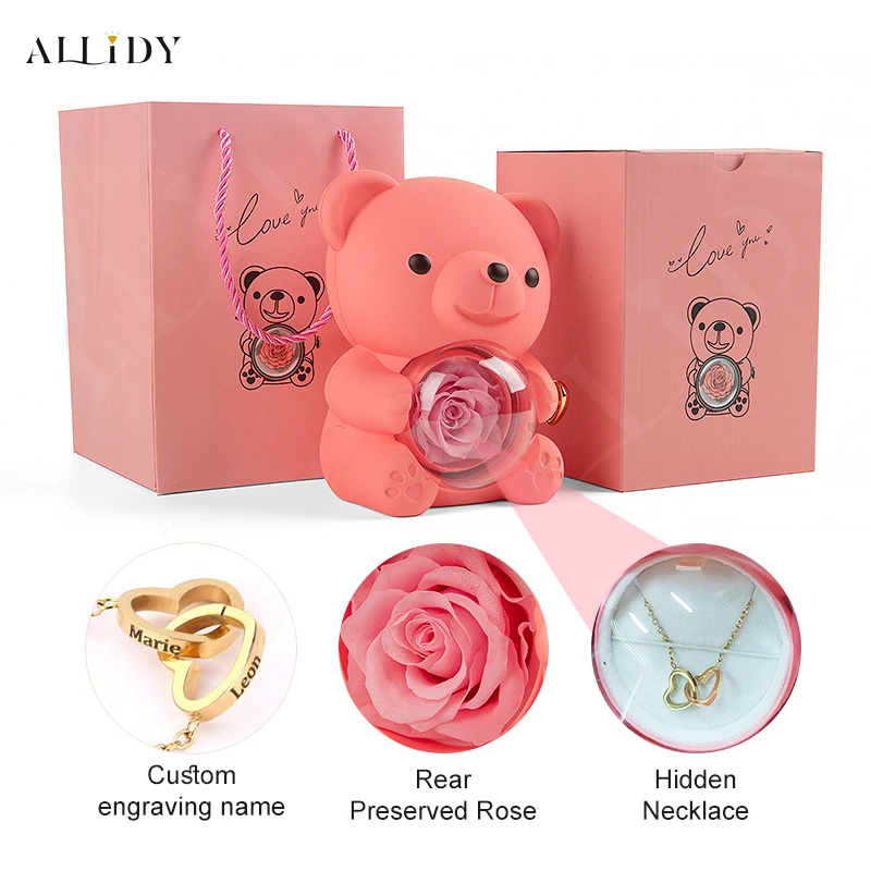 

Real Preserved Eternal Rose Teddy/Hugging Bear with Engraved Name Necklace Jewelry Gift Box Christmas Valentine's Day Birthday