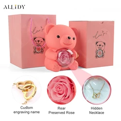 Real Preserved Eternal Rose Teddy/Hugging Bear with Engraved Name Necklace Jewelry Gift Box Christmas Valentine's Day Birthday