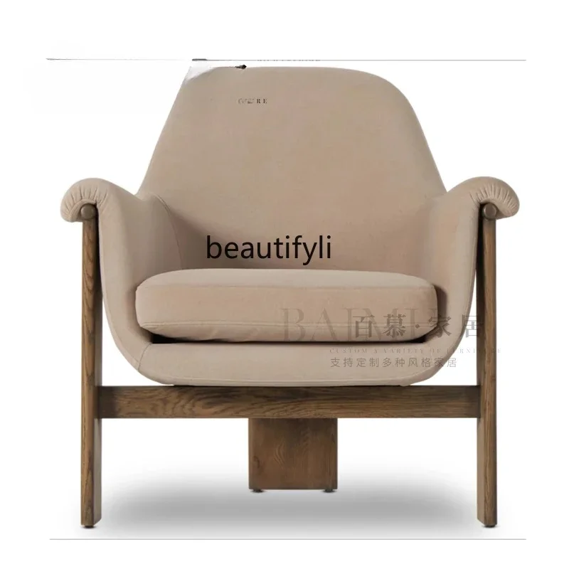 

Chinese ash wood solid wood single retro fabric sofa Italian style, leisure chair0420