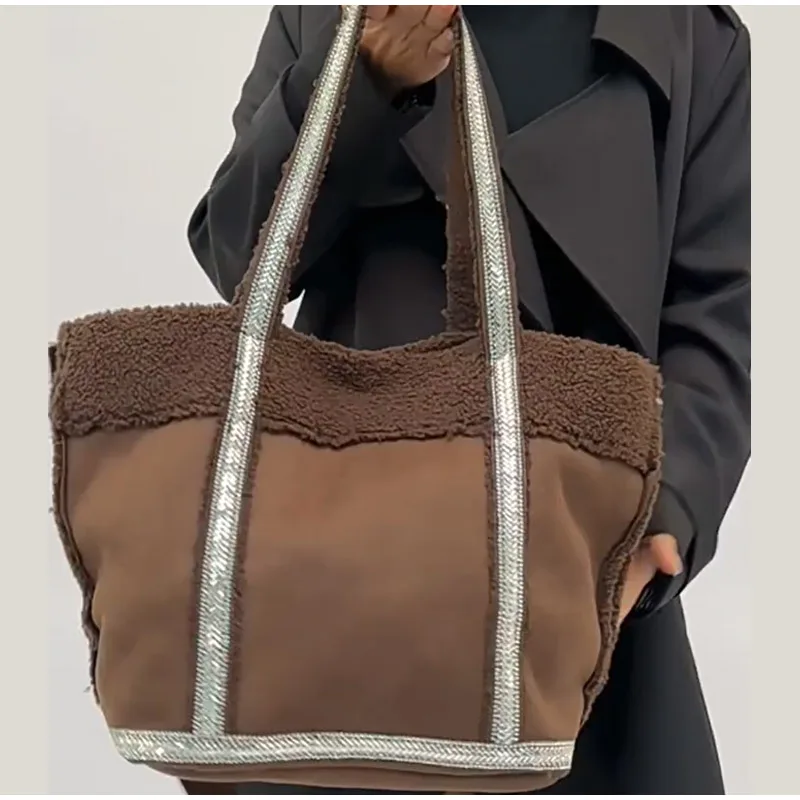 

Fashion Plush Tote Bag Women Rhinestone Diamond Studded Large Capacity Handbag Shining Sequined Crossbody Shoulder Bag Storage
