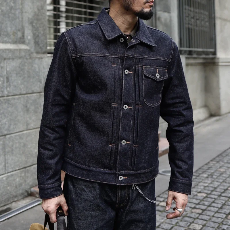 Saucezhan 남성 데님 재킷 Sanforized Indigo Selvedge Denim 오토바이 작업 재킷 18 Oz 레귤러 핏